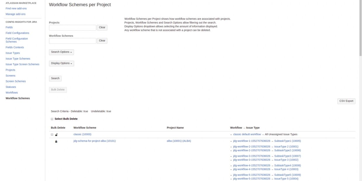 Jira workflow schemes per project interface with search and filter options.