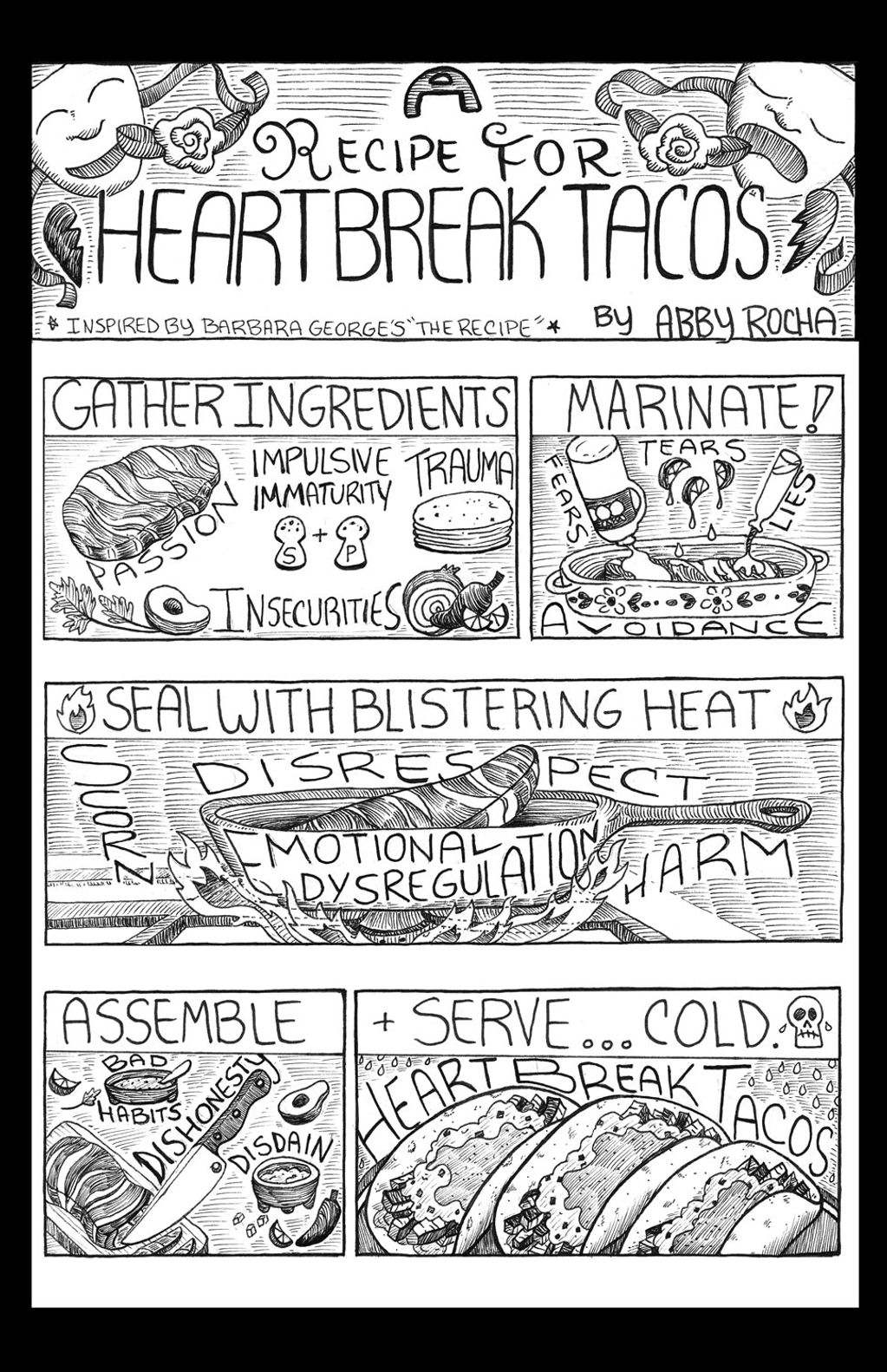 B & W comic for tacos while captions read about the "ingredients" for heartbreak in a relationship.