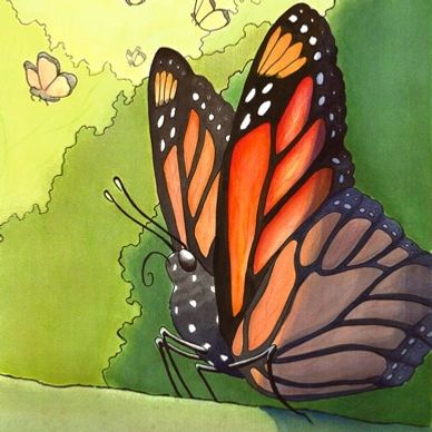 Orange and black monarch butterfly with green background