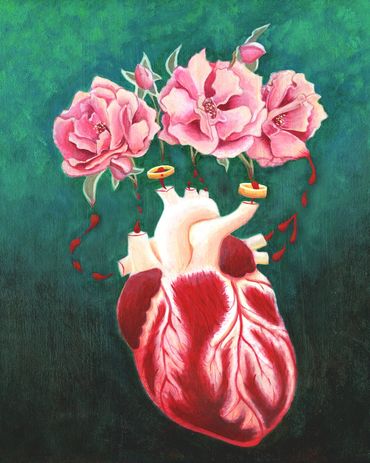 A human heart bears roses and wedding rings on a green background 