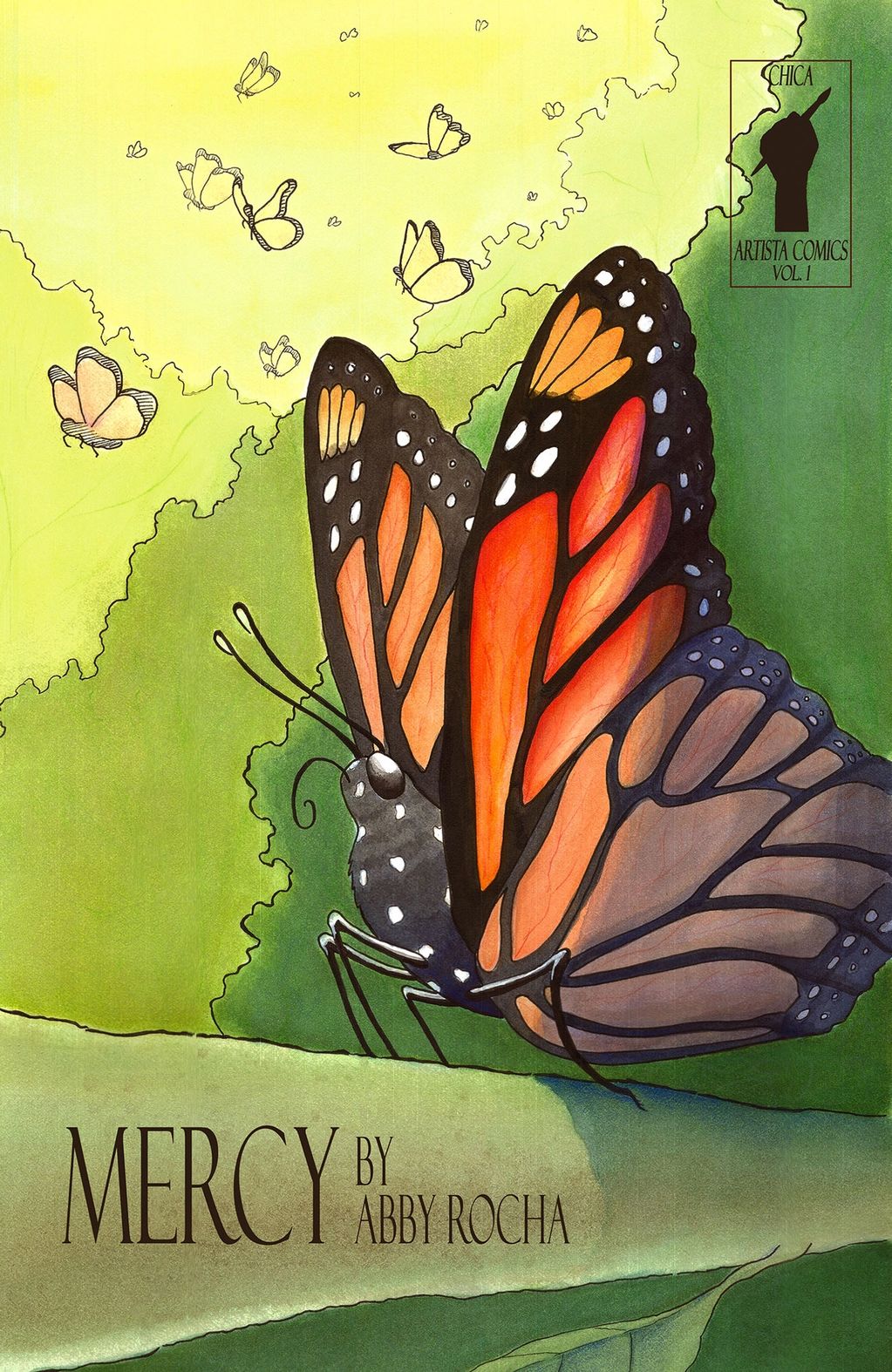 monarch butterfly on a green branch while other monarchs  in flight in the green woods background.