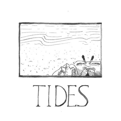 A B&W crab on the shore of a beach with the words "TIDES".
