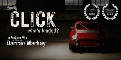 Movie poster for 'CLICK' featuring a red car in a dark garage.