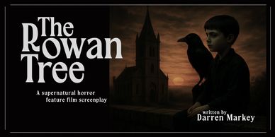 Movie poster for supernatural horror film 'The Rowan Tree' featuring a boy and a crow.