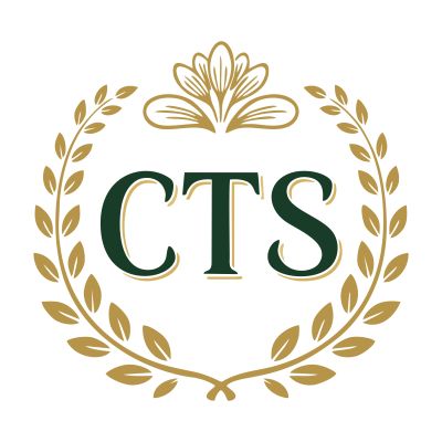 Elegant CTS logo with gold laurel wreath and floral design.