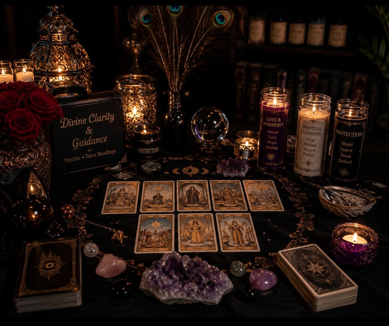 A mystical tarot reading setup with candles, crystals, and peacock feathers.
