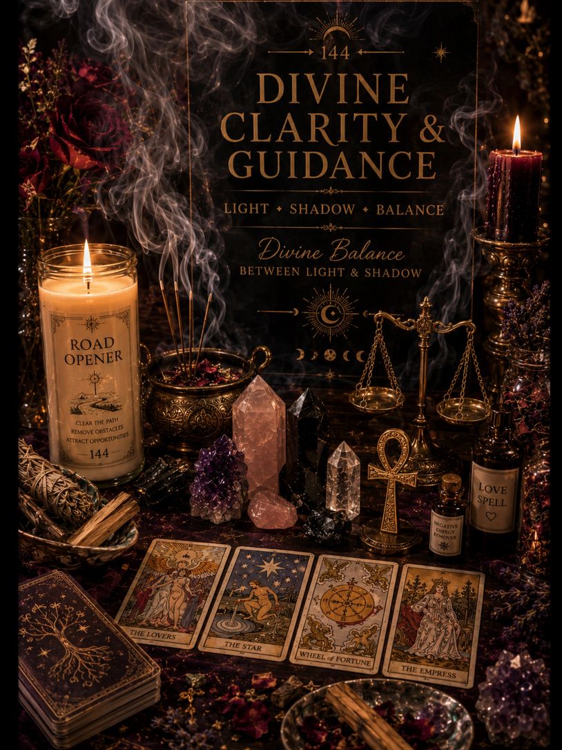 Mystical tarot setup with candles, crystals, and incense for divine clarity and guidance.