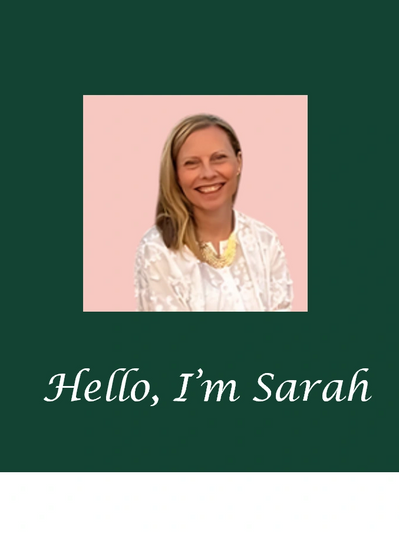 A photo of Sarah, smiling, with a pink background, dark green frame, and caption: Hello, I'm Sarah