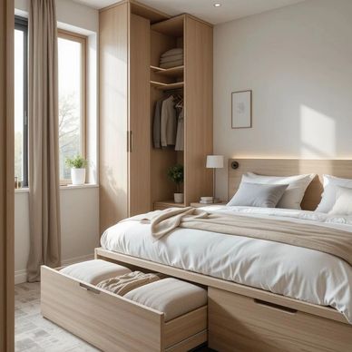 Cozy bedroom with natural wood furniture and soft neutral tones.