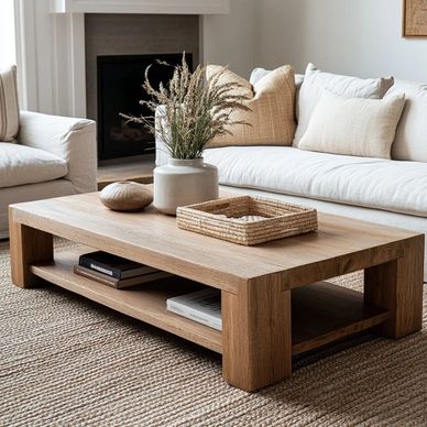Cozy living room with wooden coffee table and neutral-toned sofa.