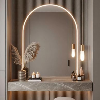 Modern vanity setup with illuminated arch mirror and plush stool.
