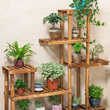 Wooden plant stand holding various potted plants in an indoor setting.