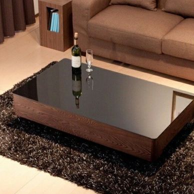 Modern living room with a reflective coffee table and brown sofa.