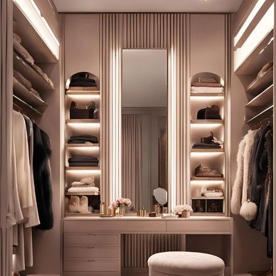 Elegant pink-toned walk-in closet with illuminated shelves and a vanity area.