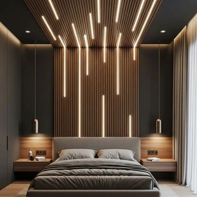 Modern bedroom with vertical lighting on wooden slats and minimalist furniture.