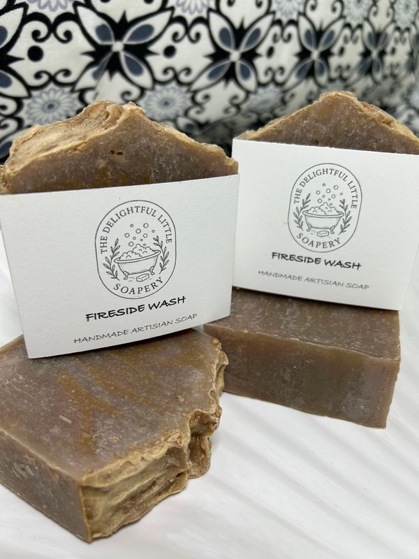 Handmade artisan soap labeled 'Fireside Wash' from The Delightful Little Soapery.