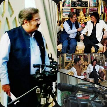 Three-panel collage showing interviews with a man in a white coat and cameraman filming.