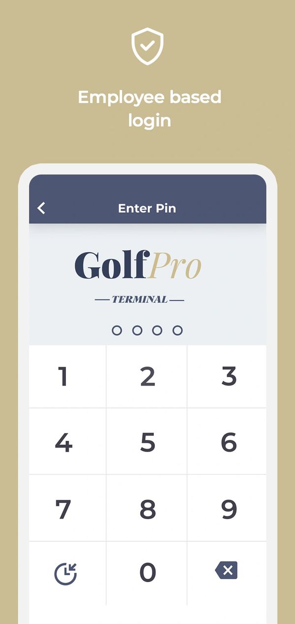 Employee login screen for GolfPro Terminal with PIN entry keypad.