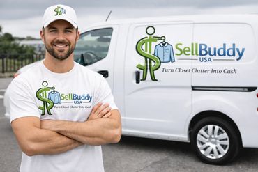 Man in SellBuddy USA attire standing confidently with branded van.