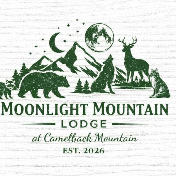 Logo of Moonlight Mountain Lodge with mountain and animal silhouettes under moonlight.