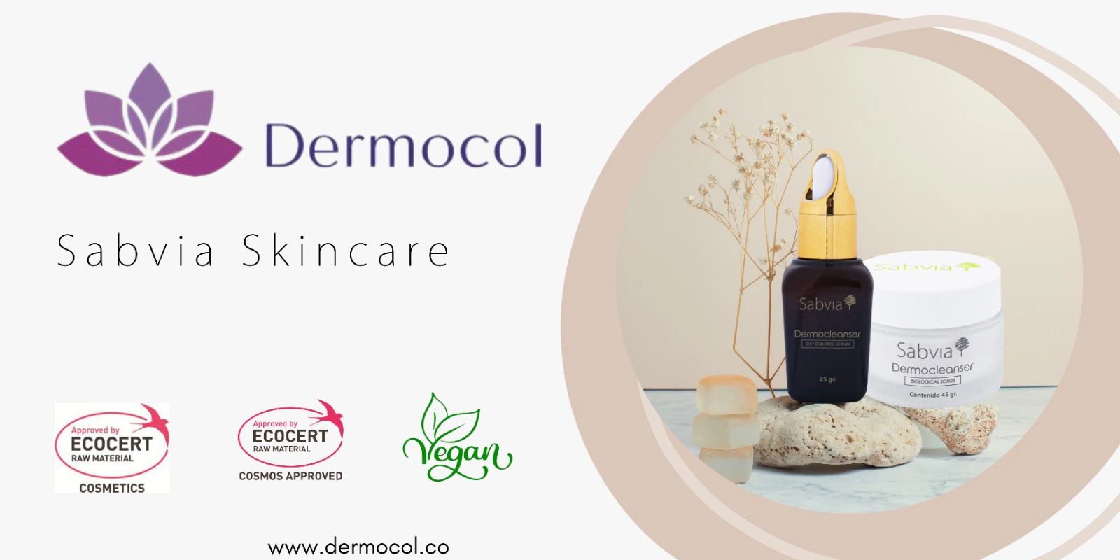 Logo de la empresa, Dermocol, e imágenes de Dermocosméticos con ingredientes Veganos Ecocertificados