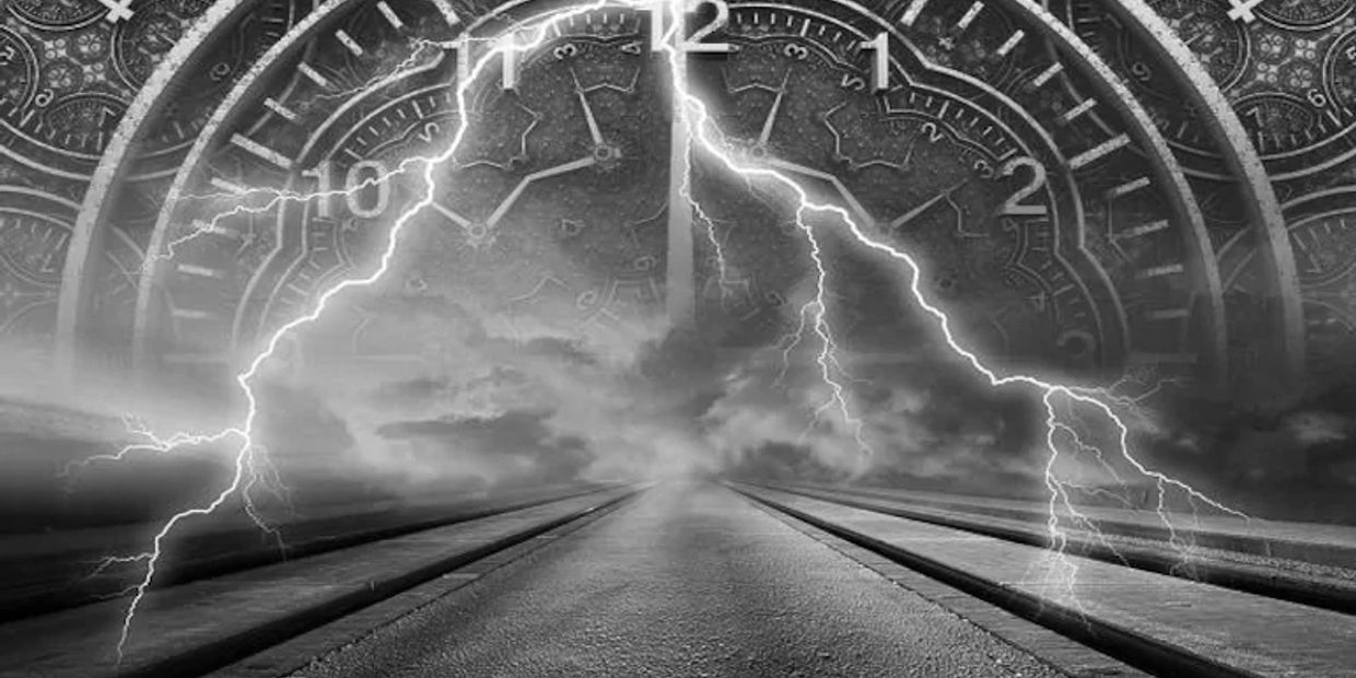 Lightning striking in front of a large clock face over a road.