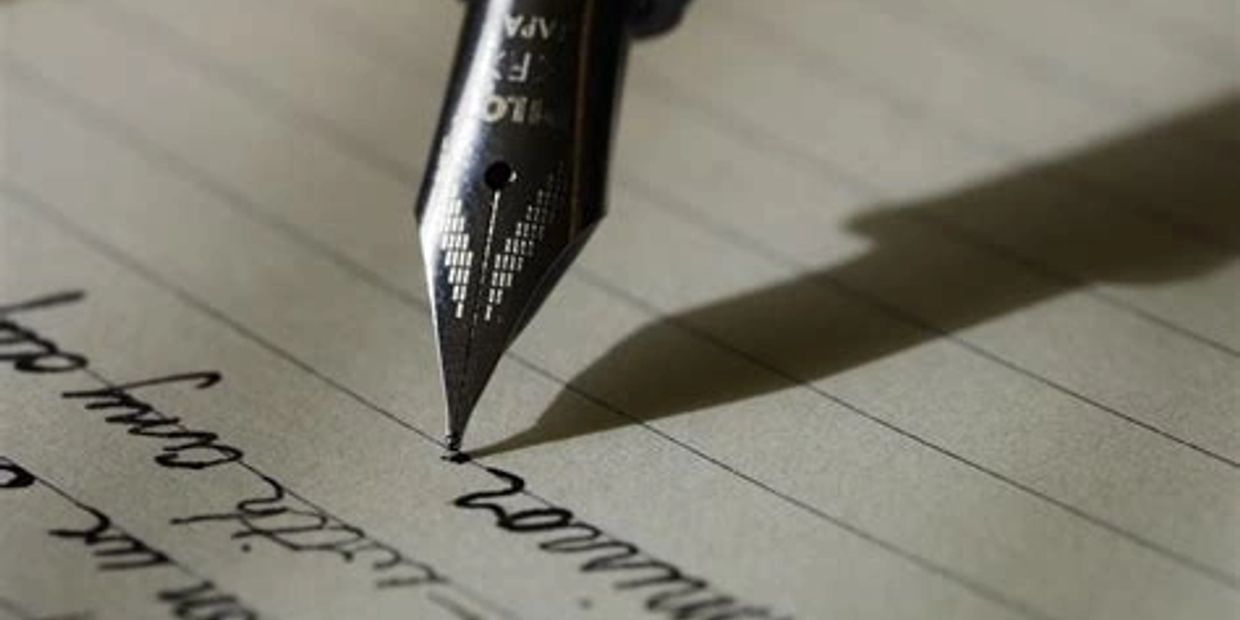 Close-up of a fountain pen writing on lined paper.