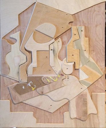 Assemblage of cut wood pieces form the substrate for a 3D copy of a Juan
painting