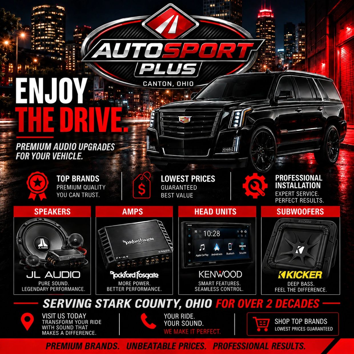 Shop car audio Canton Akron Ohio. Autosport Plus offers JL Audio, Kicker, Kenwood, Rockford Fosgate