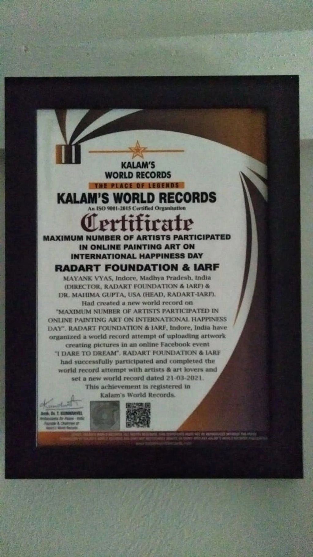 Kalam's World Record Created by Mayank Vyas, Radart Foundation & IARF, Indore, MP - INDIA.