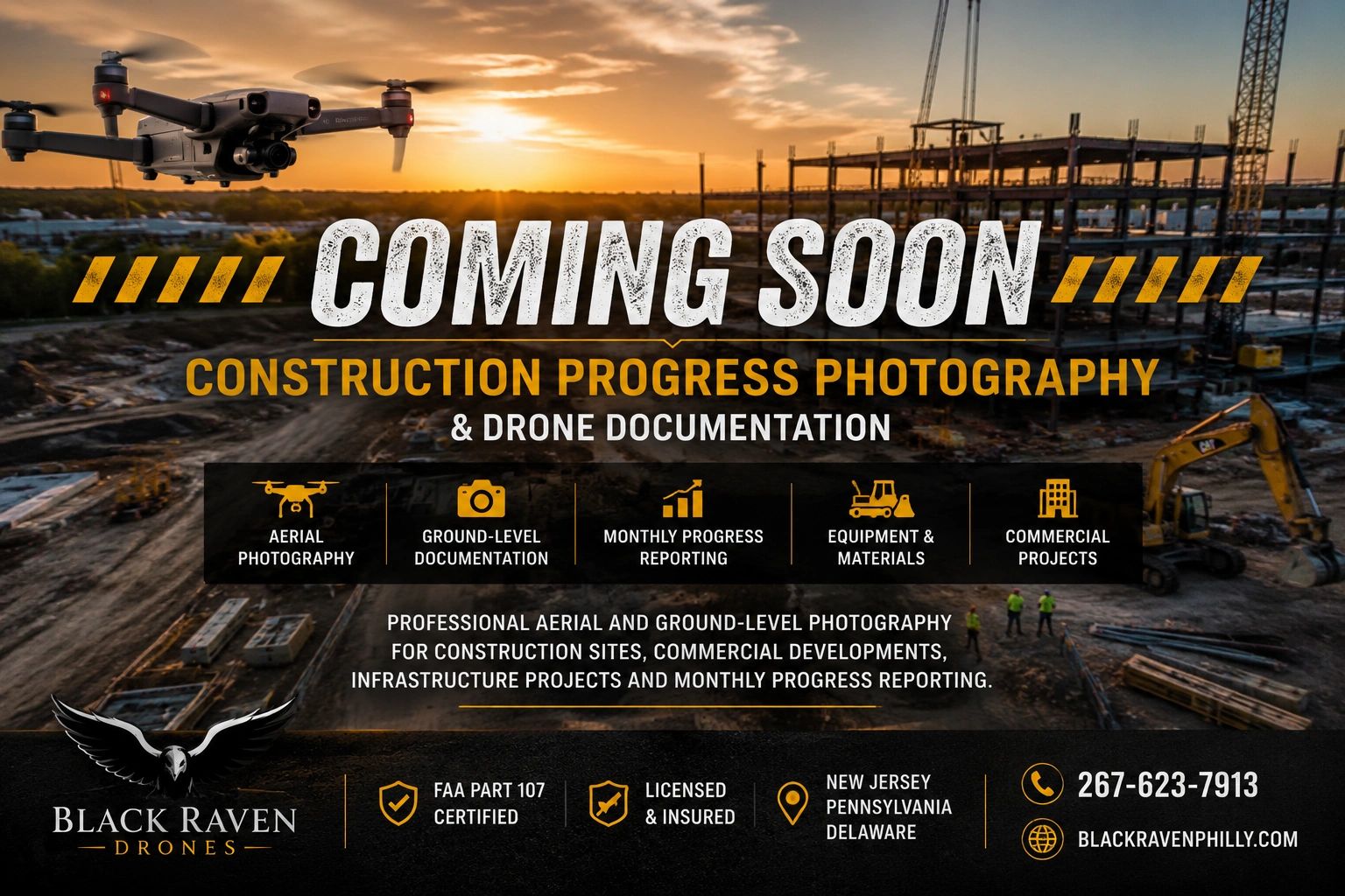 Drone captures construction progress photography with professional documentation services.