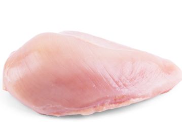 A raw, boneless chicken breast on a white background.