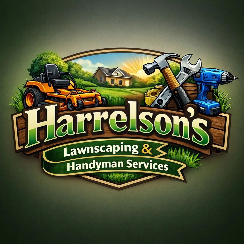 Logo for Harrelson's Lawnscaping & Handyman Services with tools and lawnmower.