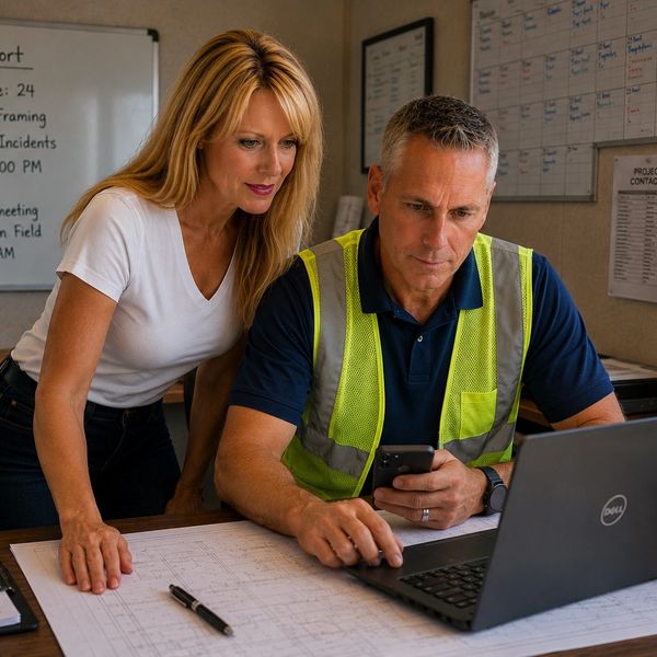 Two coworkers checking a phone and laptop at a desk.