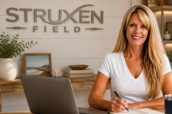 Smiling woman working at a desk with a laptop.