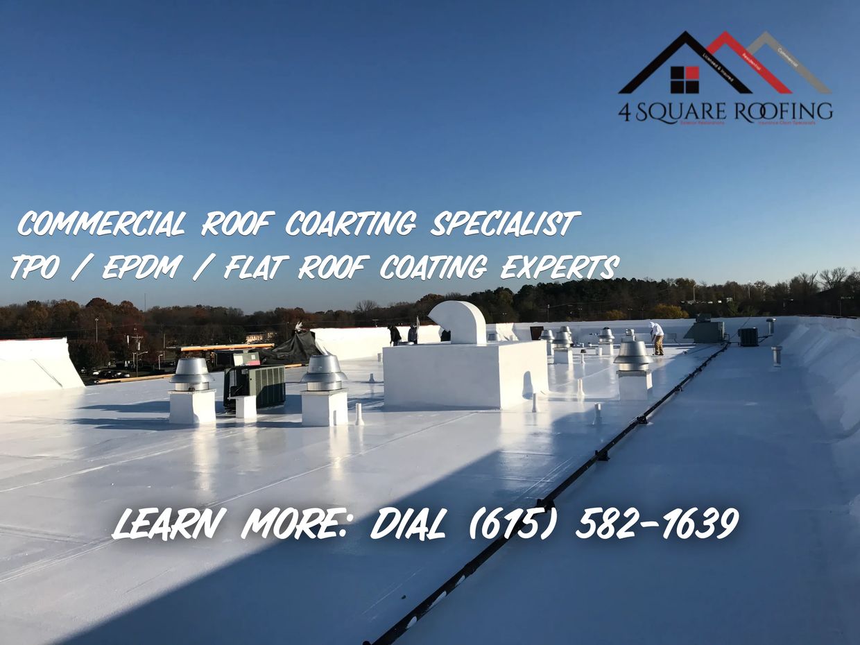 Commercial roof coating experts on roof coating projects, TPO, EPDM, Flat roofs by 4 Square Roofing.