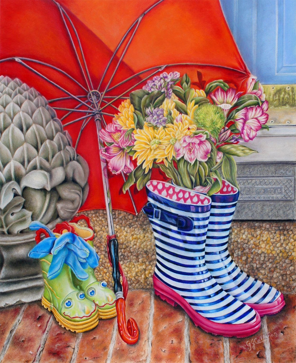 Welcome Wellies 20 X 16, Colored Pencil on Ampersand Pastelboard, Still Life 