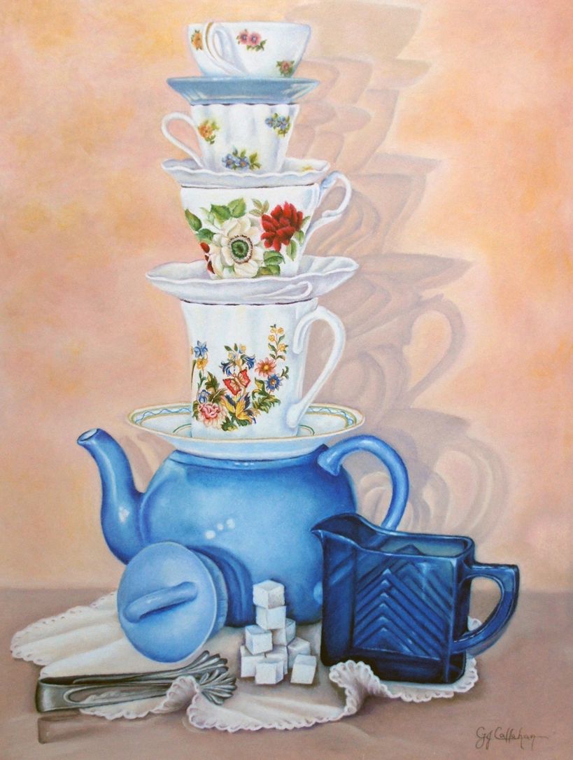 All Stacked Up Colored Pencil Tea Cups Painting

