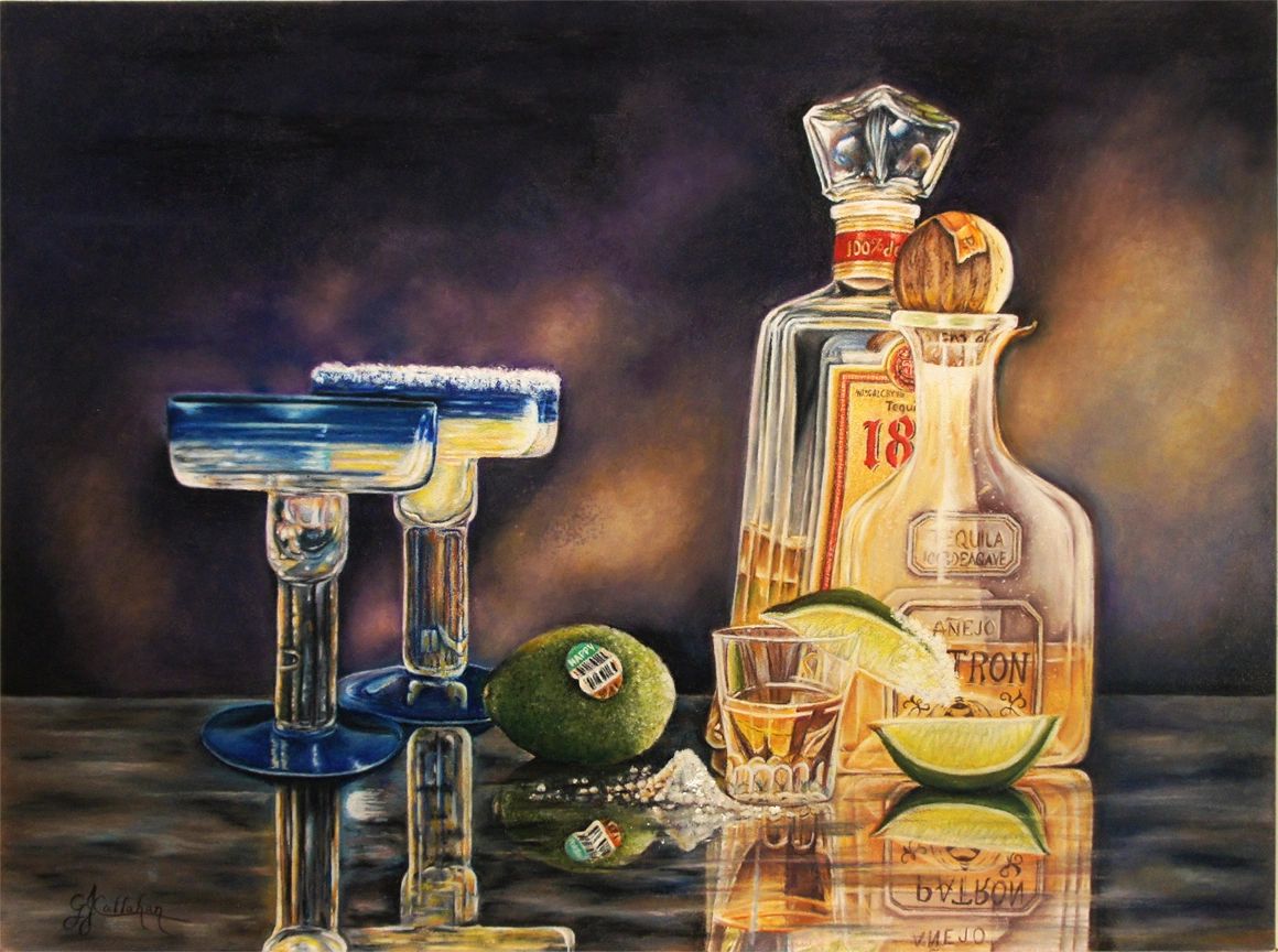 Tequilla and Margarita Still Life  12 X 16 in Expresso Wood frame accented in gold. 