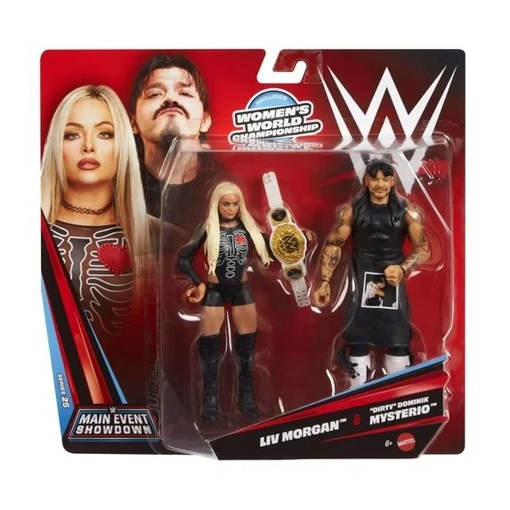 WWE Liv Morgan and Dirty Dominik Mysterio action figures with championship belt.