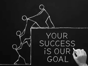 Stick figures helping each other climb with motivational text.