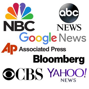 Logos of major news organizations: NBC, ABC News, Google News, AP, Bloomberg, CBS, Yahoo! News.