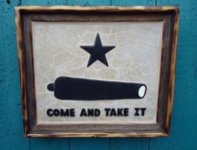 Here's our " Come and Take It" flag . This flag flew Oct. '1835 battle at Goliad, Tx between the wou