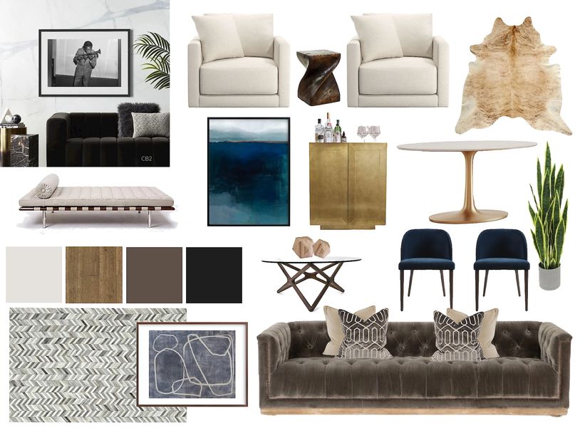Modern living room furniture and decor mood board.
