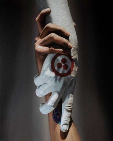 Pintura al óleo. Hyperrealism. Mano sosteniendo a otra, símbolo de pax cultura y bandera del planeta