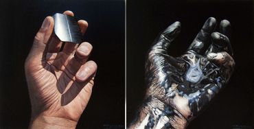 Pintura al óleo. Hiperrealismo. Mano sosteniendo celda solar y petróleo, industria, cesar plascencia