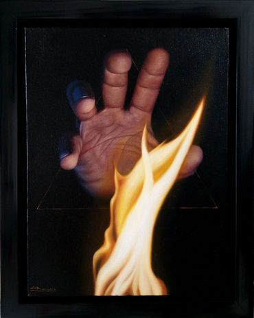 Pintura al óleo. Hiperrealismo. Mano tomando el fuego, prometeo, cesar plascencia