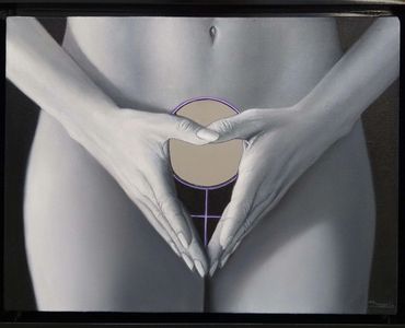 Pintura al óleo. Hiperrealismo. Manos sosteniendo espejo de venus, símbolo de venus.