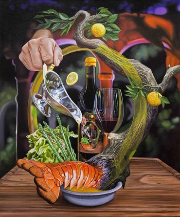 Pintura al óleo. Hiperrealismo. Mano sirviendo manjar de comida, langosta, vino, surrealismo