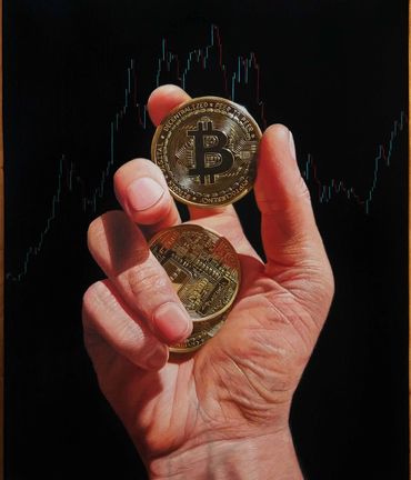 Pintura al óleo. Hiperrealismo. Mano sosteniendo moneda de bitcoin, gráfica btc, criptomonedas